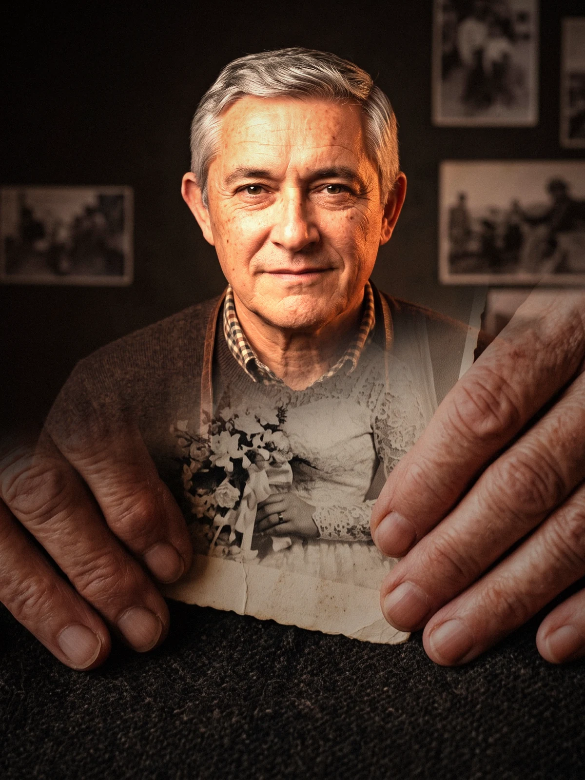 Retrato de Luis Arenas sobre unas manos mayores sosteniendo una fotografía antigua