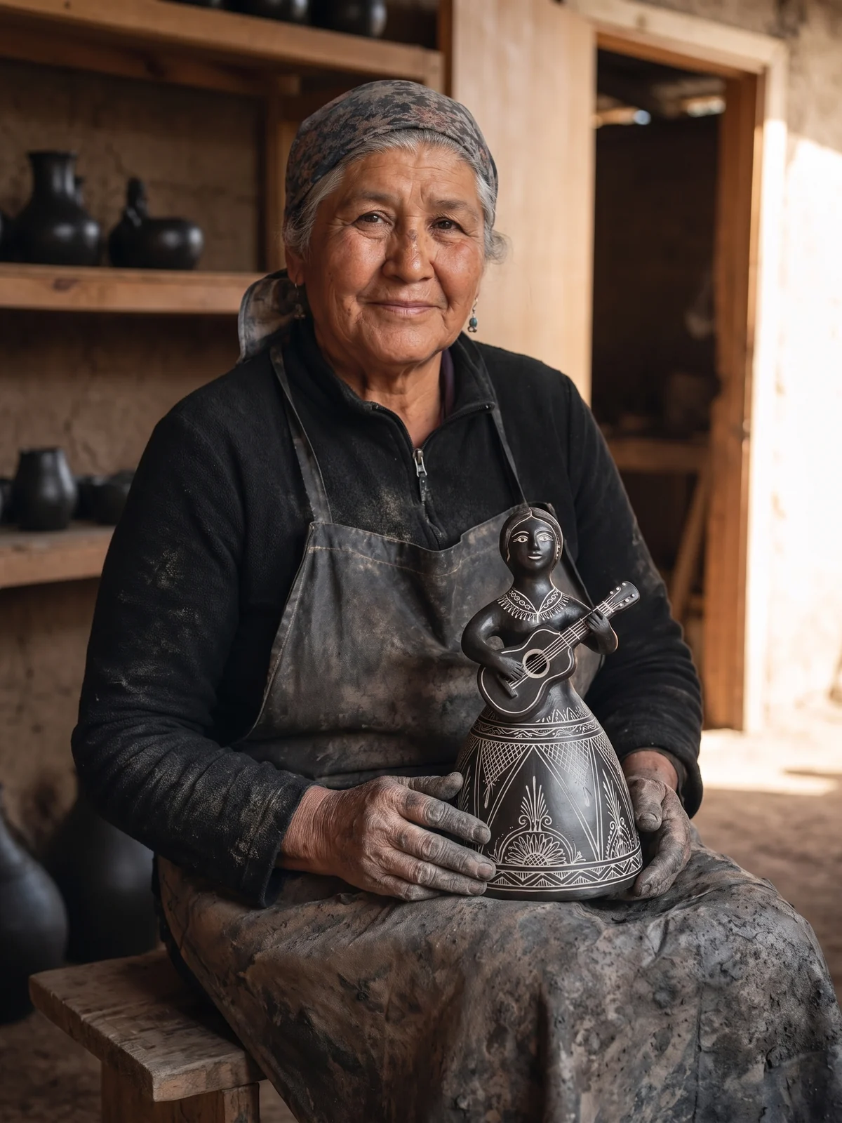 Rosa Amelia en su taller con una guitarrera de greda negra de Quinchamalí en el regazo