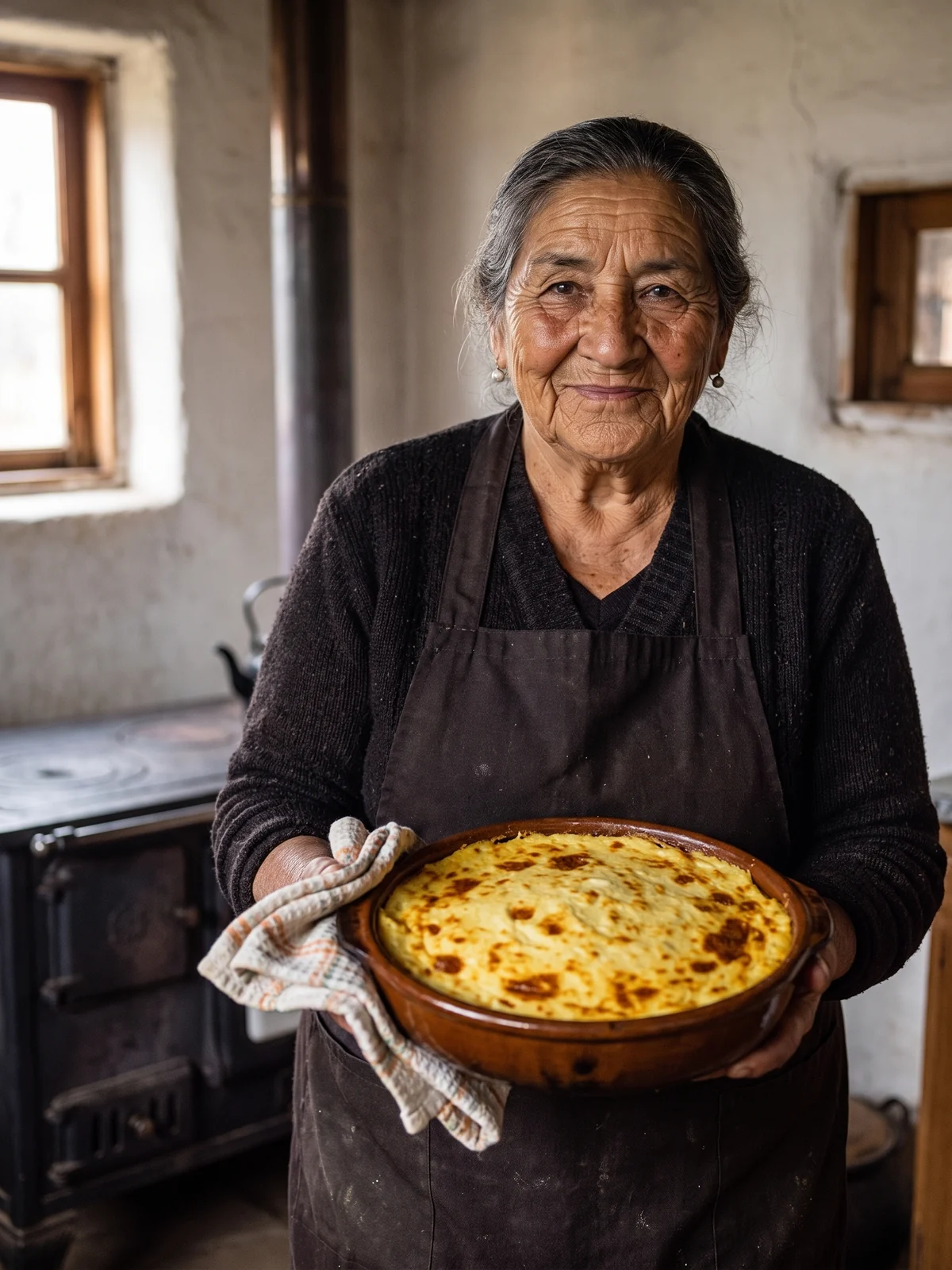 Rosa Elena en su cocina de campo con un pastel de choclo recién salido del horno