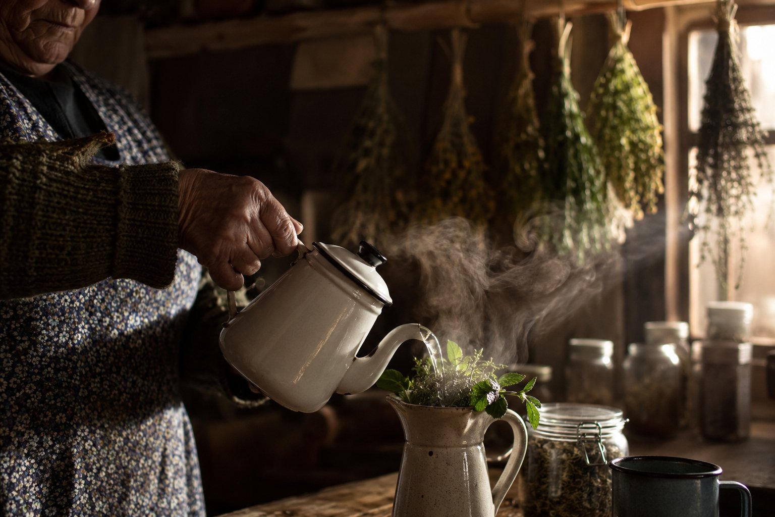 Manos de una mujer mayor sirviendo una agüita de yerbas en un jarro enlozado, con ramos de yerbas secas colgando en una cocina de campo