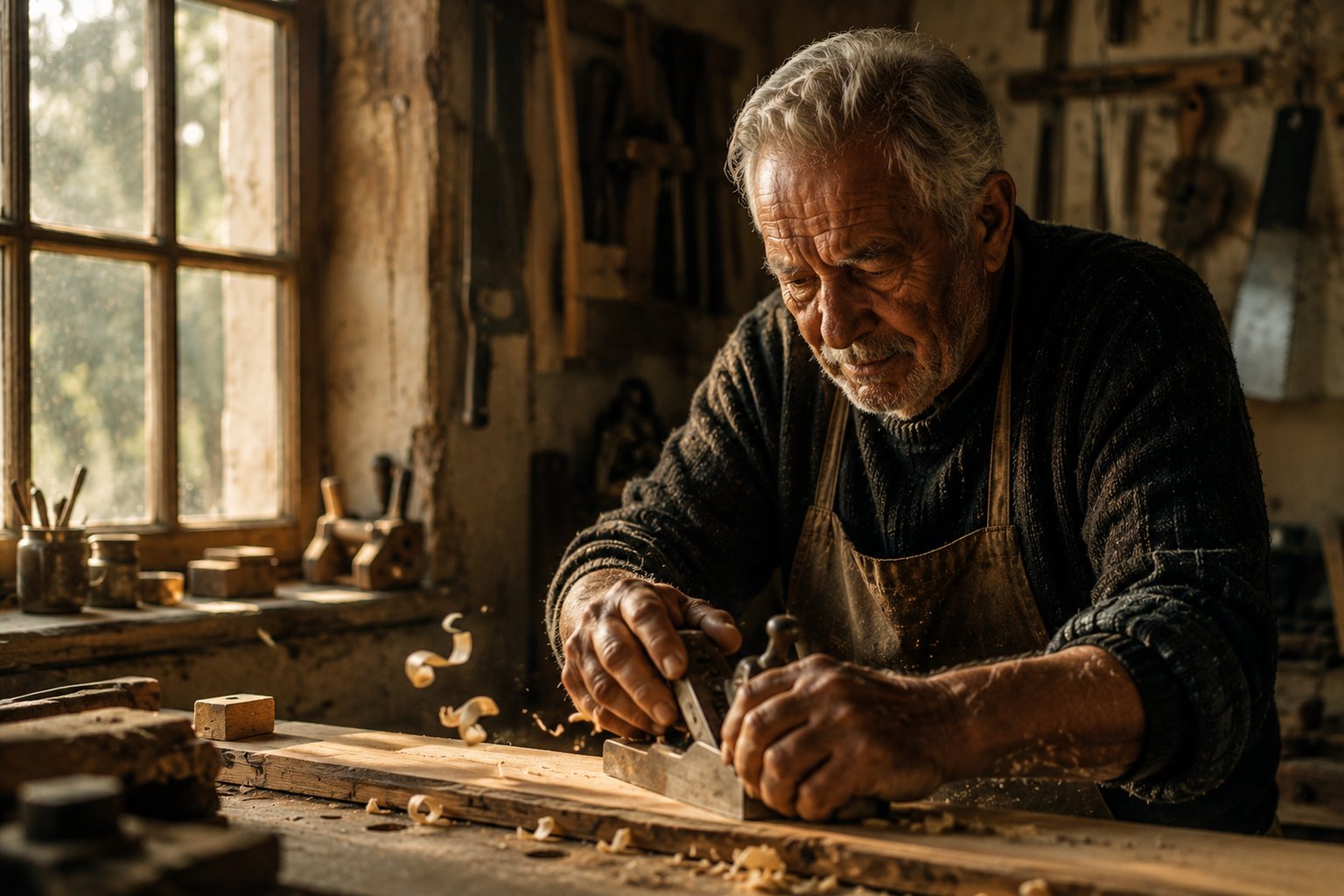 Maestro carpintero mayor cepillando una tabla de madera en su taller, con viruta en el aire y la luz natural de la ventana
