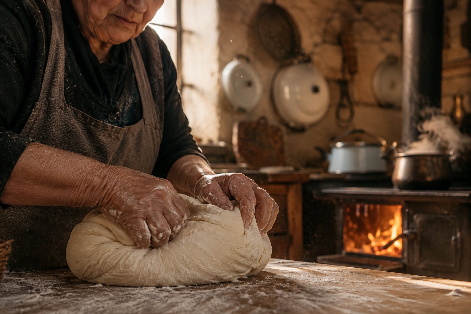 Manos de una cocinera mayor amasando pan sobre una mesa de madera, junto a una cocina a leña encendida en una cocina de campo chilena de luz cálida