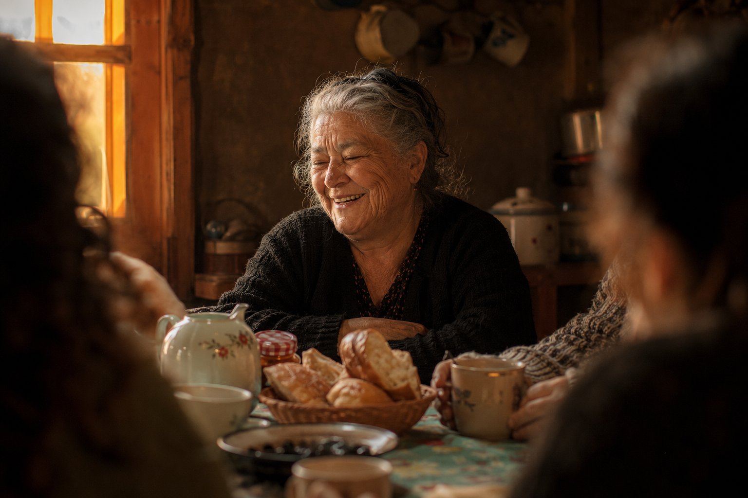 Persona mayor sonriendo mientras conversa con su familia alrededor de una mesa con té y pan amasado, en un hogar chileno de luz cálida